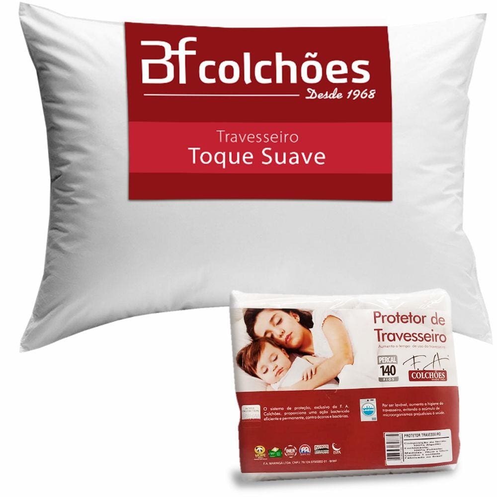 Kit 2 Travesseiros Fibra Siliconada Antialérgico 50x70cm + 2 Protetor de Travesseiro em Matelassê 100% Algodão Impermeável BF Colchões