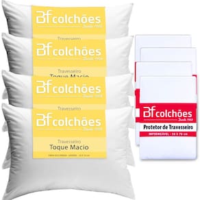 Kit 4 Travesseiros Fibra Siliconada Antialérgico 45x65cm + 4 Capas Impermeável - BF Colchões