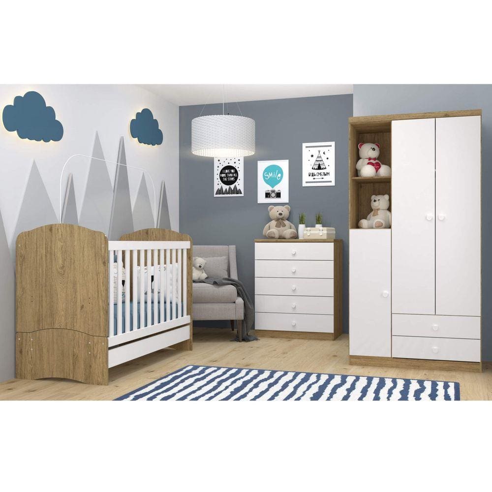 Quarto Infantil com Guarda Roupa 3 Portas Cômoda e Berço 3 em 1 Lápis de Cr Espresso Móveis Branco/Rústico