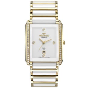 Relógio Feminino Dourado Technos Quadrado Cerâmica Safira