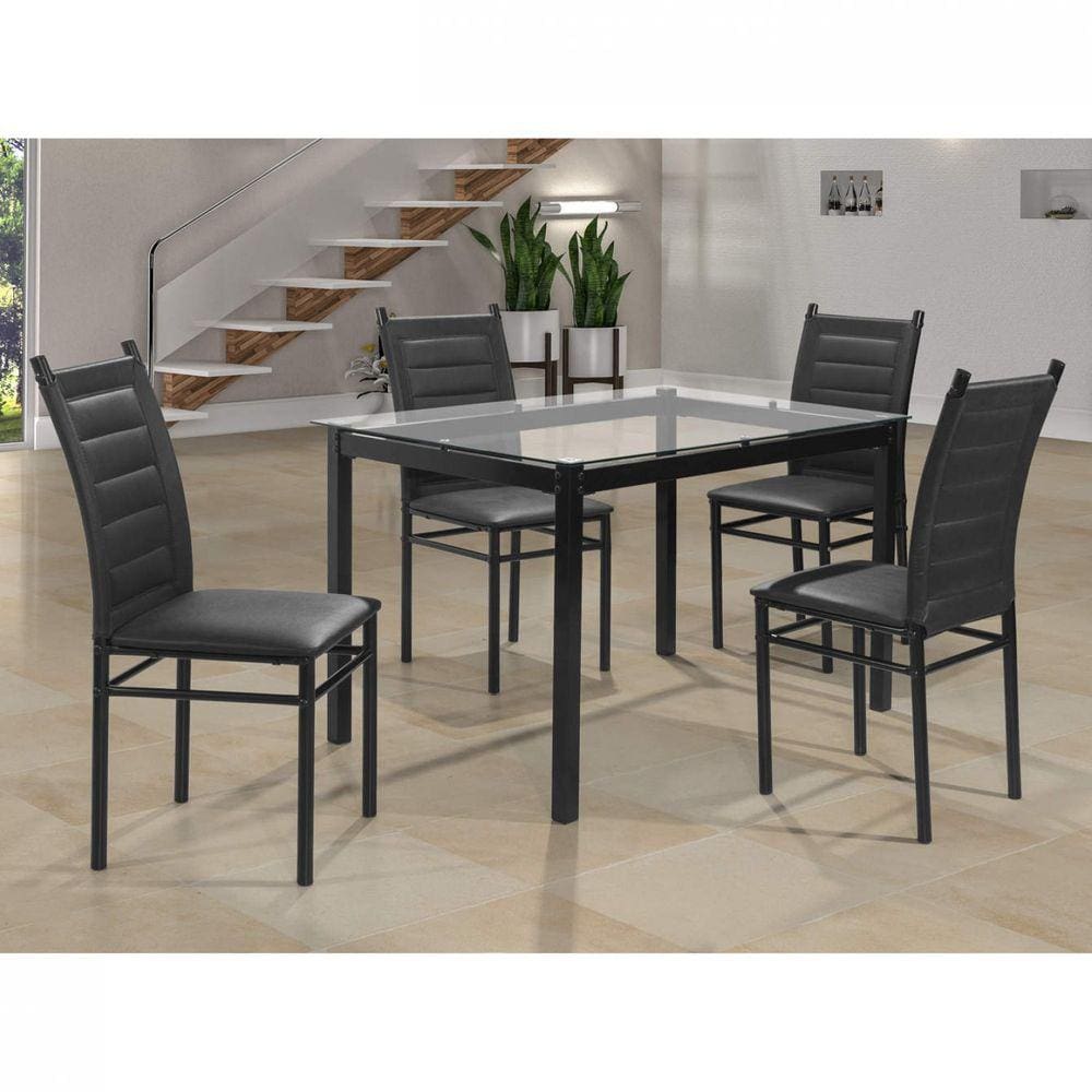 Conjunto Sala de Jantar Mesa Tampo de Vidro 80cmx120cm 4 Cadeiras Ivete Espresso Móveis Preto