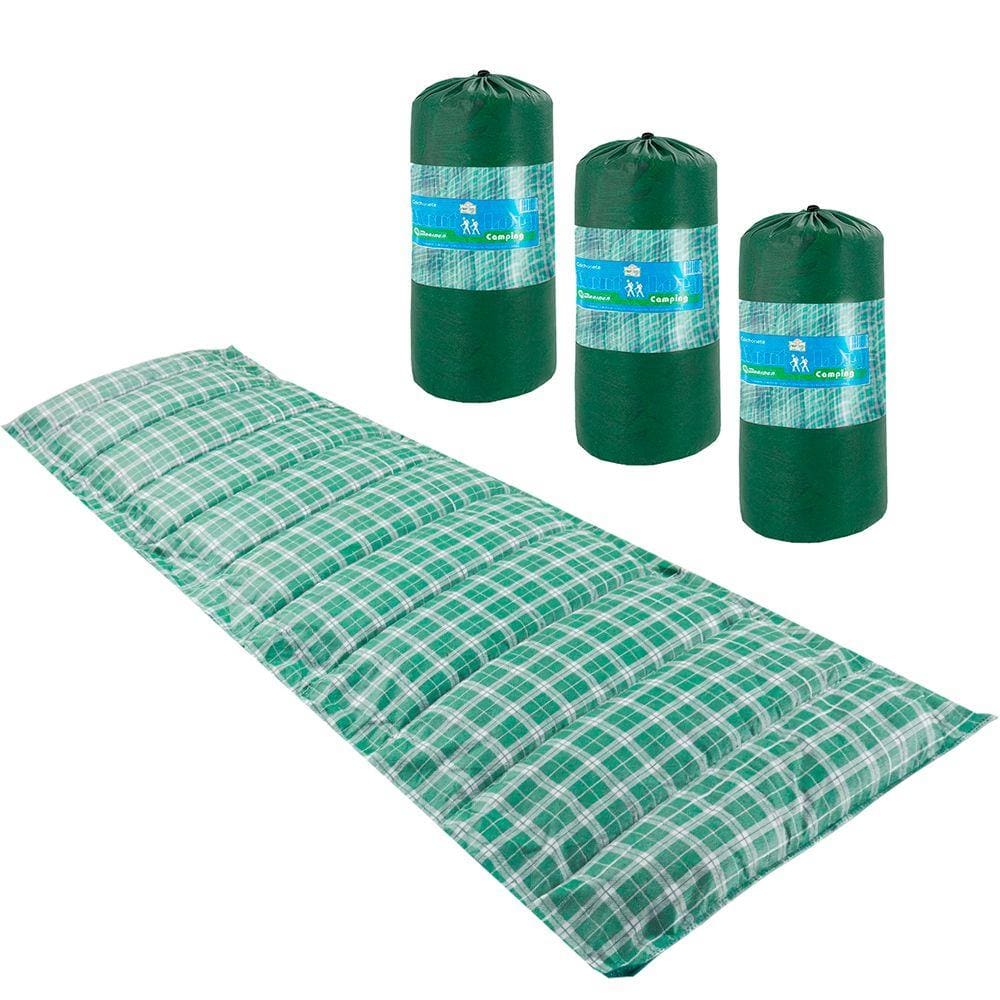 Kit 3 Colchonetes Solteiro 190x60cm com Bolsa para Transporte Xadrez Verde