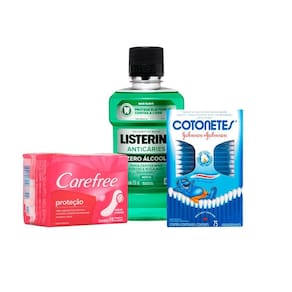 Kit Protetor Diário Carefree + 75 Hastes Flexíveis + Antisséptico Bucal Listerine Anticáries Zero 250ml