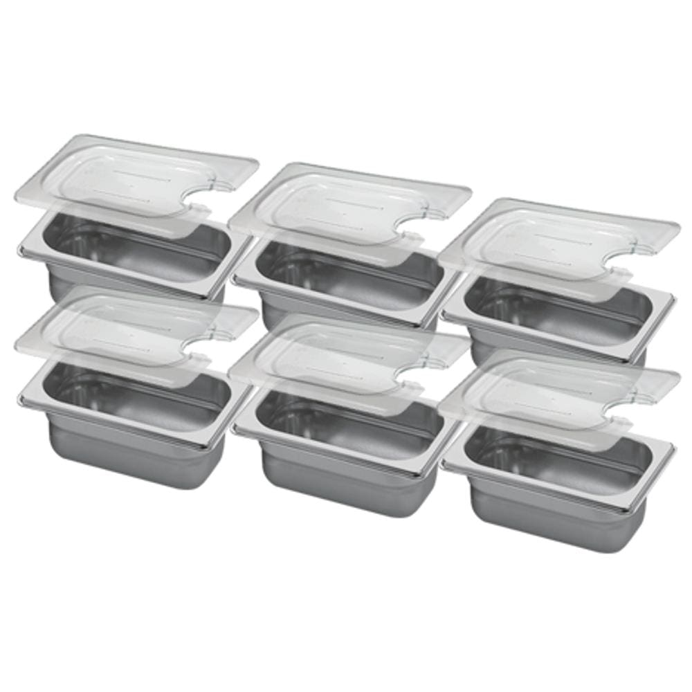 Conj 6 Cuba Gastronômica Inox GN 1/9x65 mm 0,67 L sem alça COM TAMPA COM ABERTURA