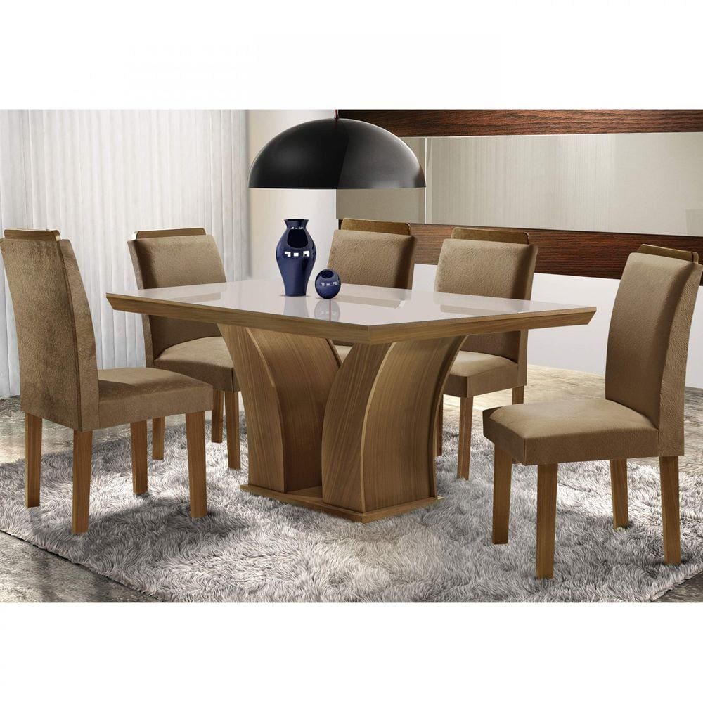 Conjunto Sala de Jantar Mesa Tampo MDF/Tampo Vidro Leblom 6 Cadeiras Pietra Tik Plus LJ Móveis Castanho/Off White