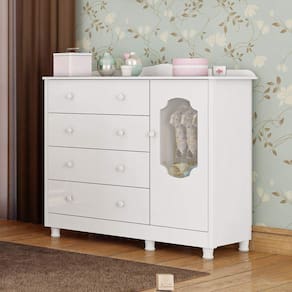 Cômoda para Quarto de Bebê 4 Gavetas 1 Porta Móveis Peroba Branco