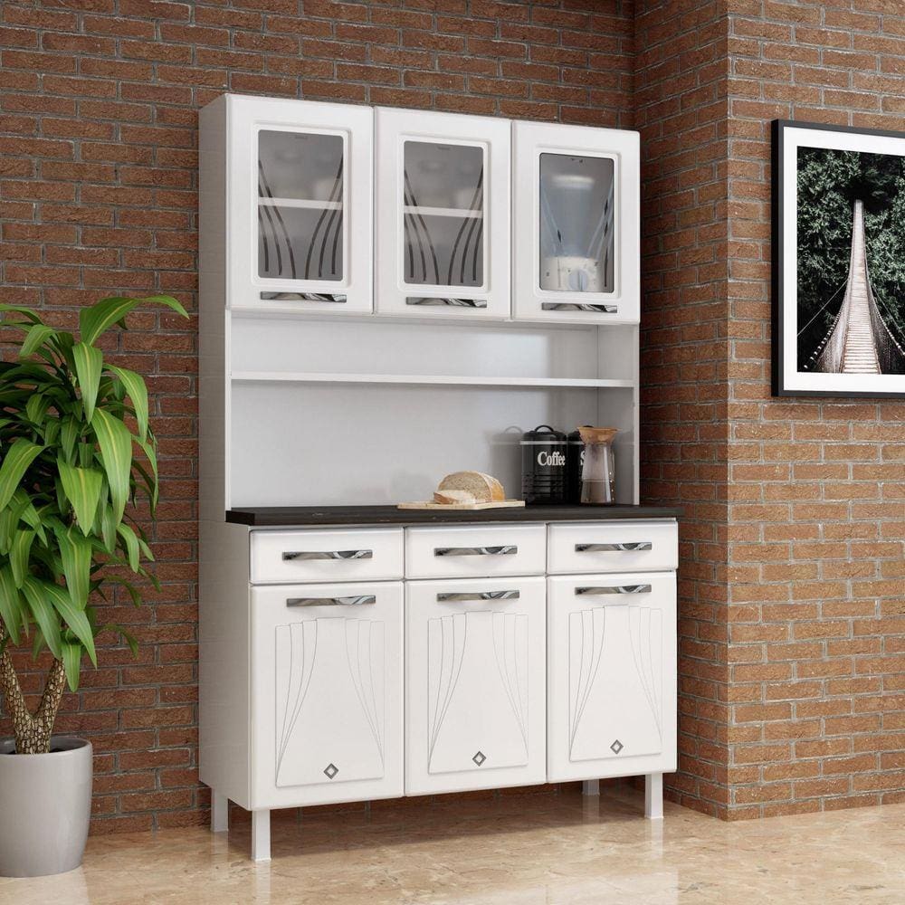 Armário para Cozinha 6 Portas 3 Gavetas com Tampo e Vidro Star New Telasul Branco