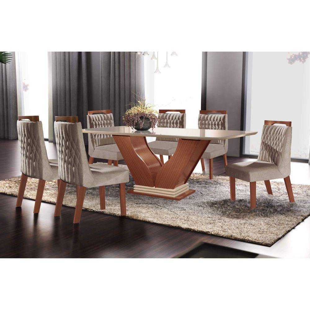 Conjunto Sala De Jantar Tampo Mdf/vidro 8 Cadeiras Nola Nature/off  White/marrom