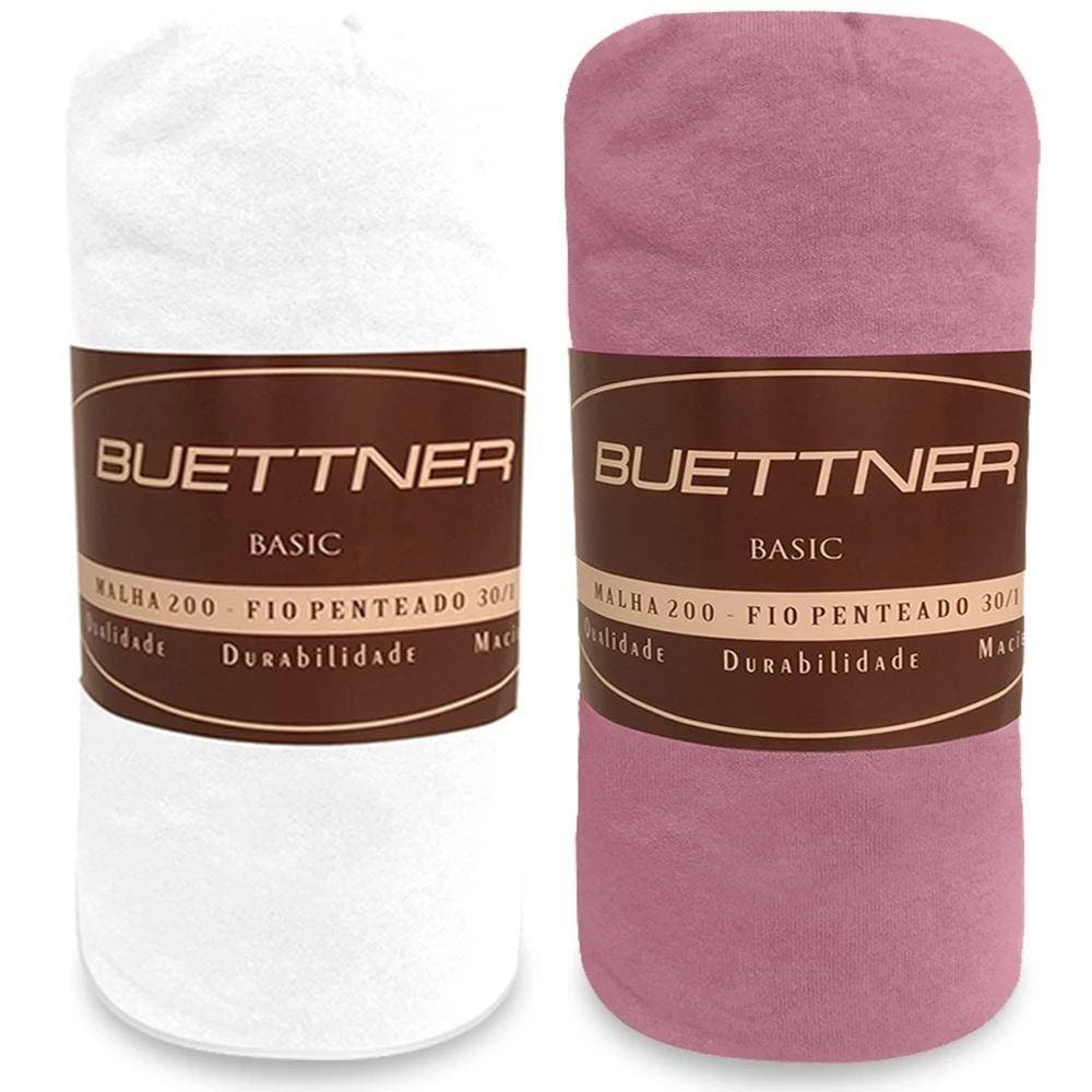 Kit 2 Lençóis Queen de Malha 100% Algodão com Elástico Buettner BRANCO ROSA