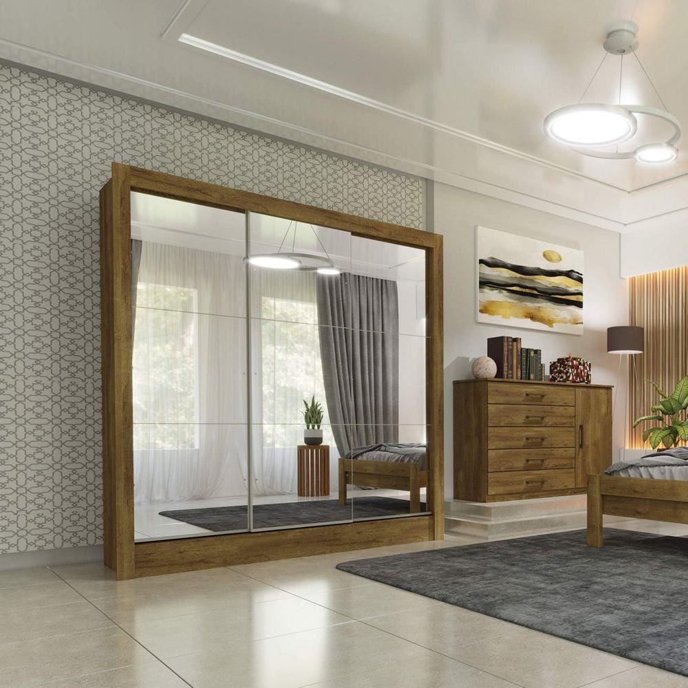 Guarda Roupa Casal 3 Portas Espelhadas Master Espresso Móveis Ipê Rustic/Off White
