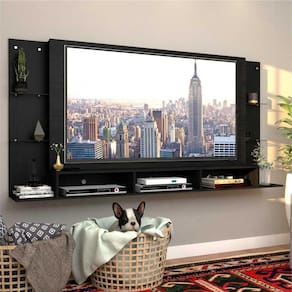 Painel p/ TV 65" c/ prateleiras vidro Braga Plus Multimóveis