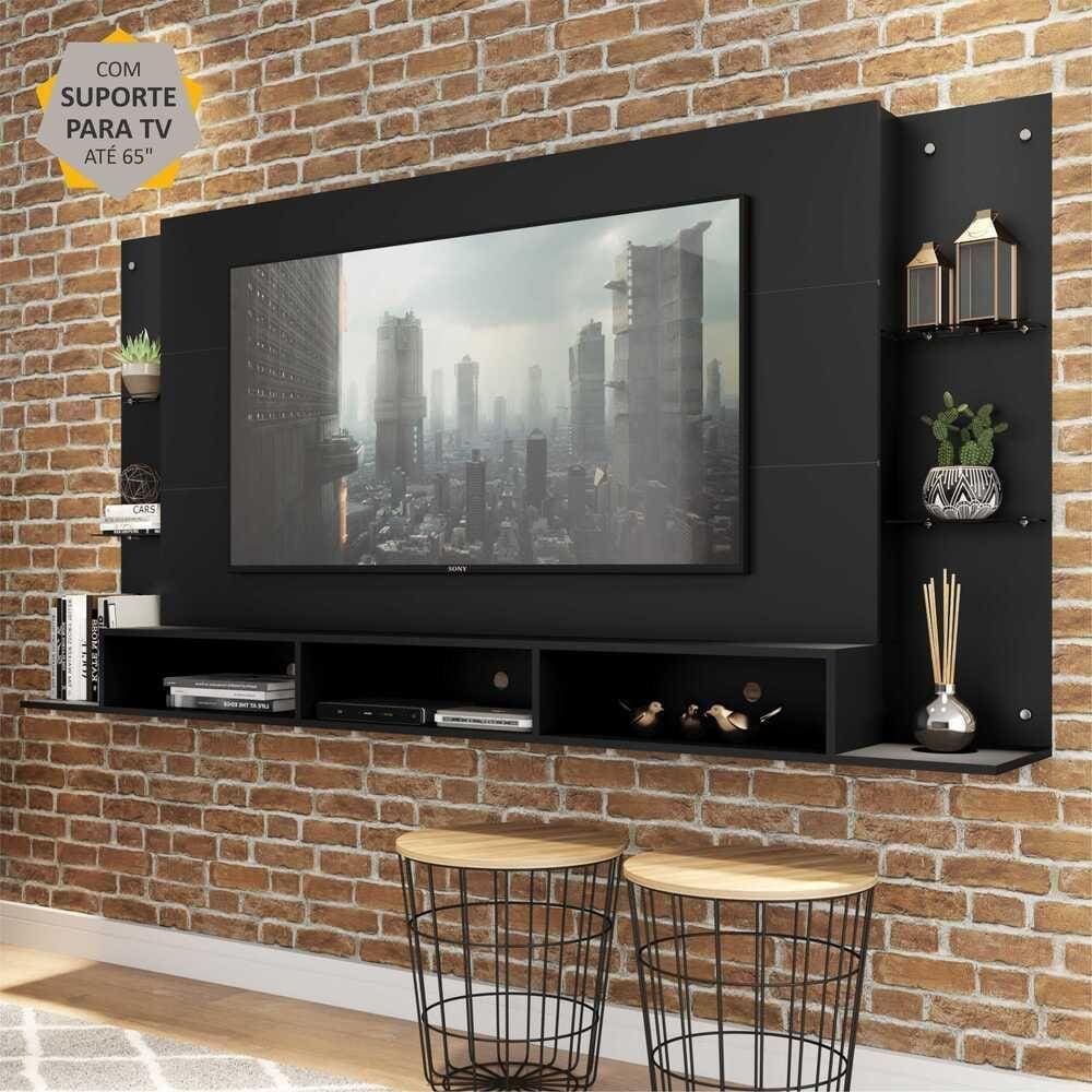 Painel TV 65" c/ suporte e prateleiras de vidro Nairóbi Multimóveis