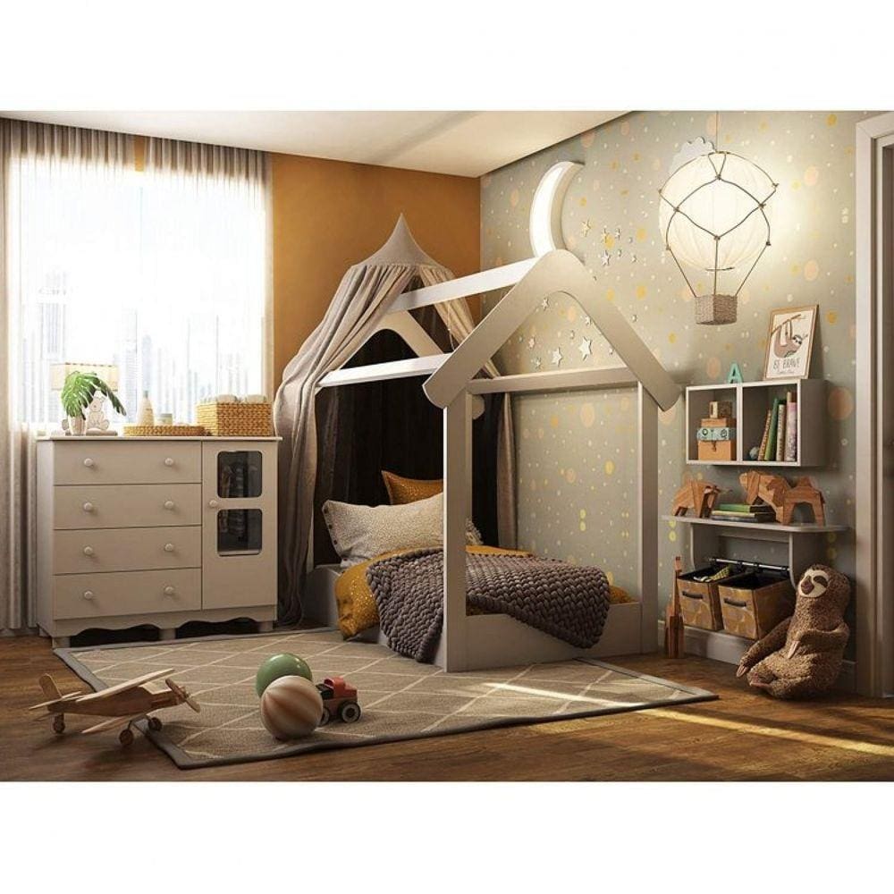 Quarto Infantil com Cama Montesoriana, Cômoda, Prateleira e Nichos Móveis Peroba Branco