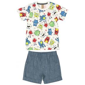 Conjunto Infantil Camiseta e Bermuda Monstros Bege Up Baby