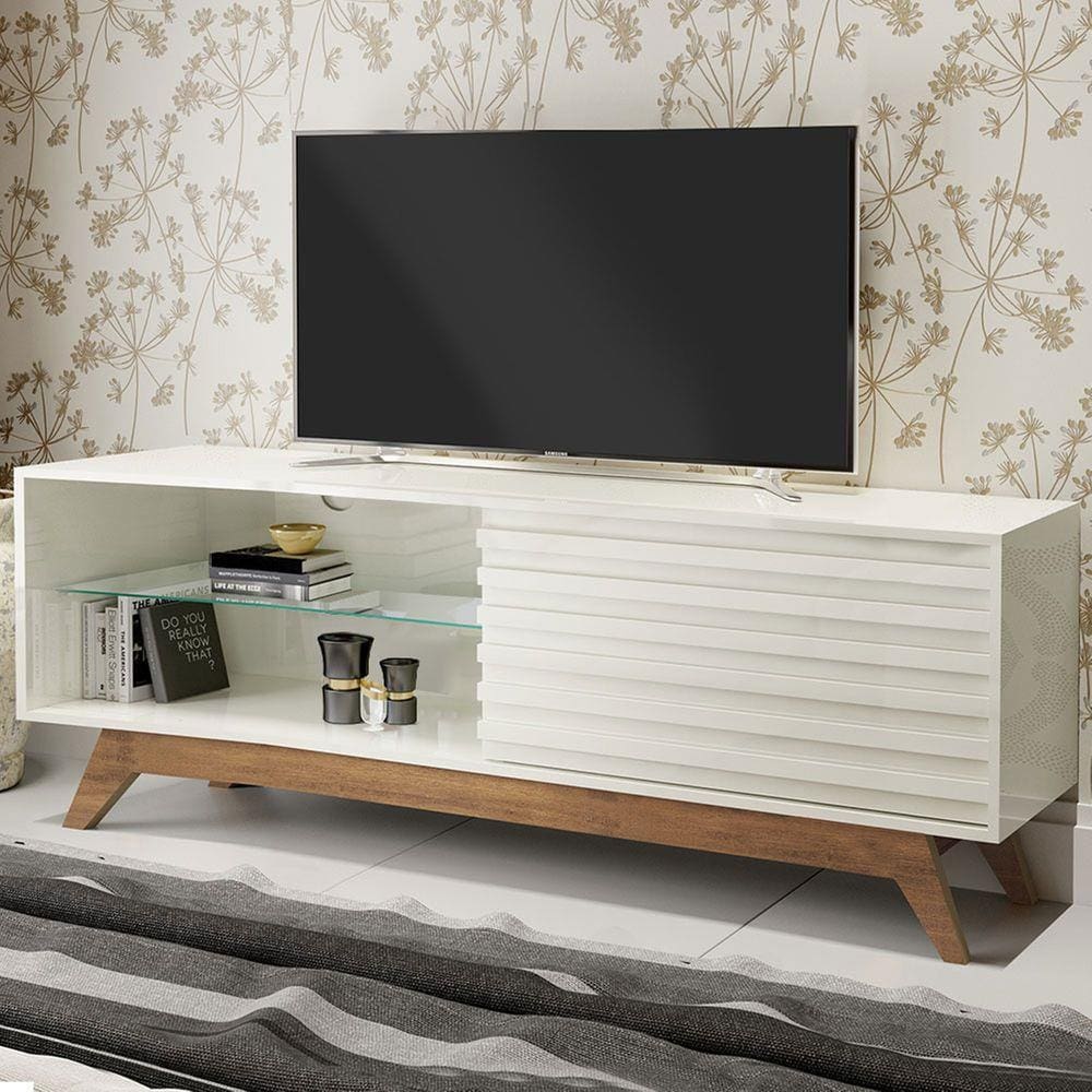 Rack Para Tv Até 55 Polegadas Malu 1 Porta 100% Mdf Off White/nobre - Pnr Móveis