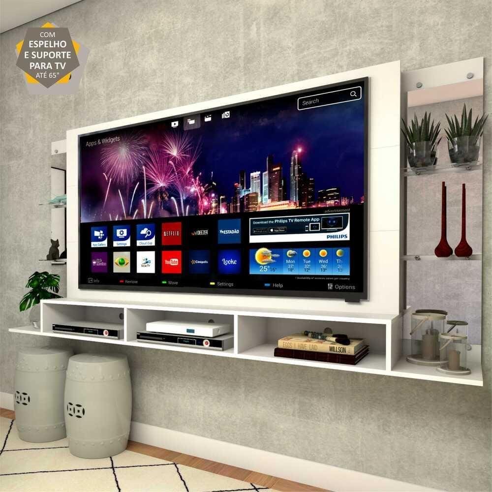 Painel TV 65" c/ suporte, espelho e prateleiras de vidro Nairóbi Multimóveis