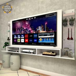 Painel TV 65" c/ suporte, espelho e prateleiras de vidro Nairóbi Multimóveis