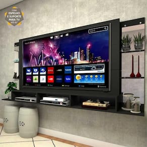 Painel TV 65" c/ suporte, espelho e prateleiras de vidro Nairóbi Multimóveis