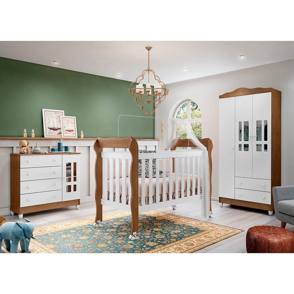 Quarto Infantil Completo Guarda Roupa 3 Portas, Cômoda 4 Gavetas com Porta Ariel, Berço 3 em 1 Lila Br Fosco Amadeirado Carolina Baby