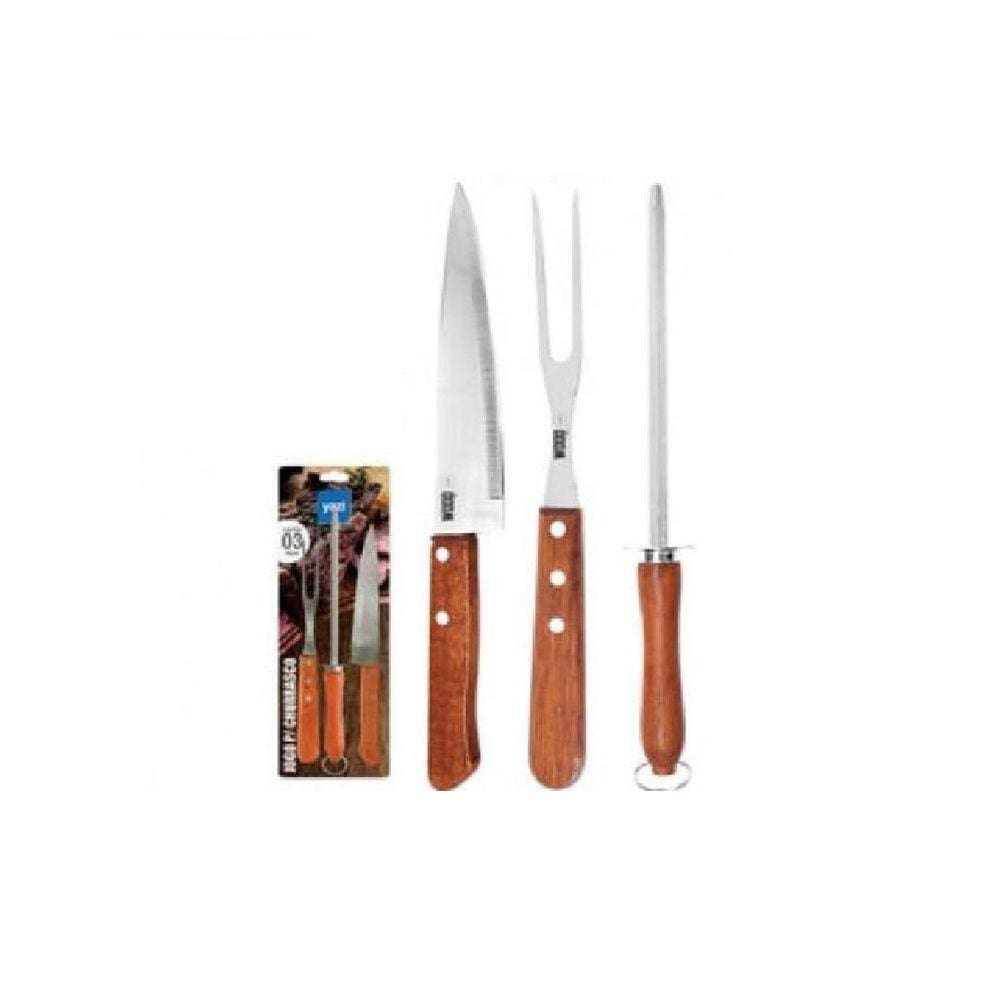 Conjunto Jogo Para Churrasco 3 Peças Madeira E Aço Inox - Yangzi