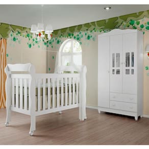 Conjunto Infantil Guarda Roupa 3 Portas Ariel, Berço 3 em 1 Americano Lila Branco Brilho Carolina Baby