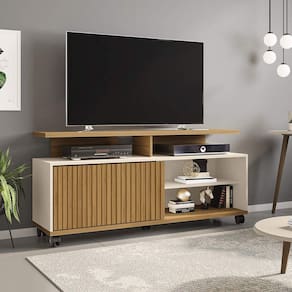 Rack Topázio Para TV até 52 Polegadas com 5 Rodízios Móveis Bechara Cinamomo/Off White/Ripado