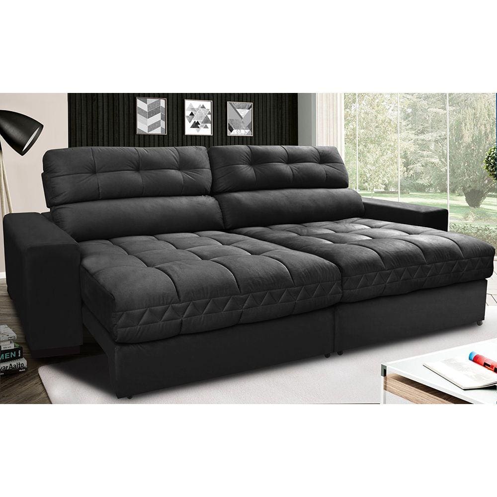 Sofá Retrátil e Reclinável com Molas Ensacadas Cama inBox Master 2,52m Tecido Suede Preto