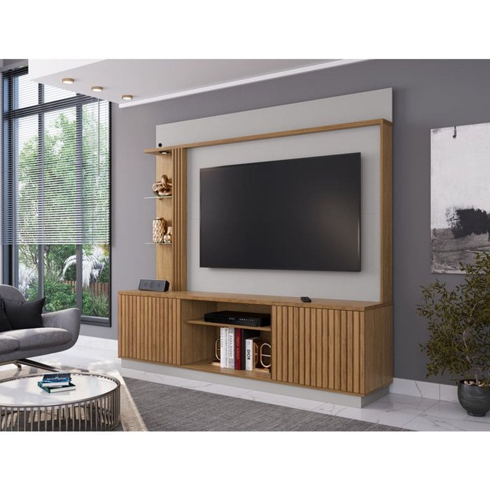 Estante Home para TVs até 65 Polegadas 2 Portas LED Embutido Atlanta Móveis Bechara Cinamomo/Off White Ripado