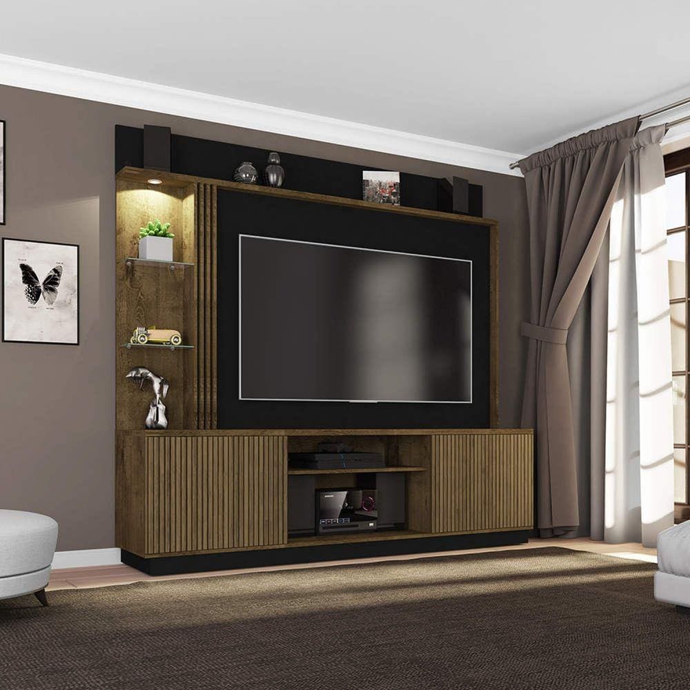 Estante Home para TVs até 65 Polegadas 2 Portas LED Embutido Atlanta Móveis Bechara Madeira Rústica/Preto Fosco Ripado