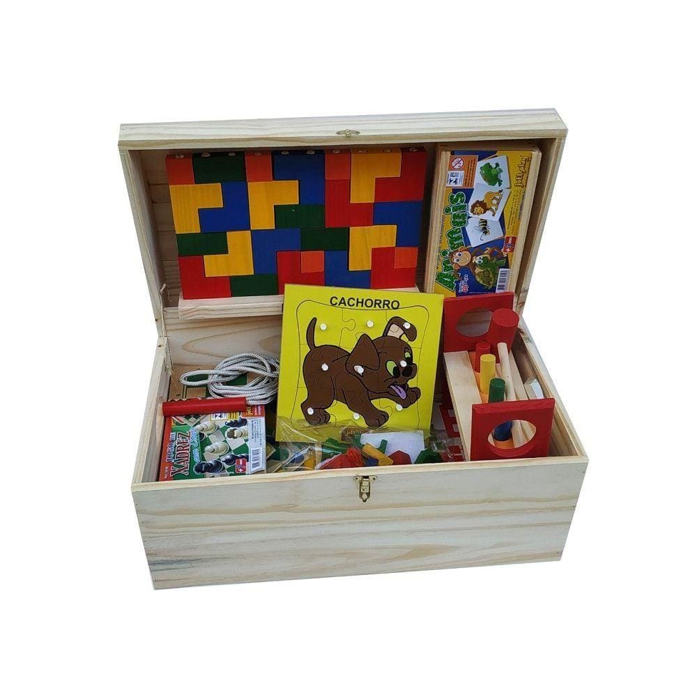 Baú Pedagógico Madeira Com 12 Jogos - Jottplay