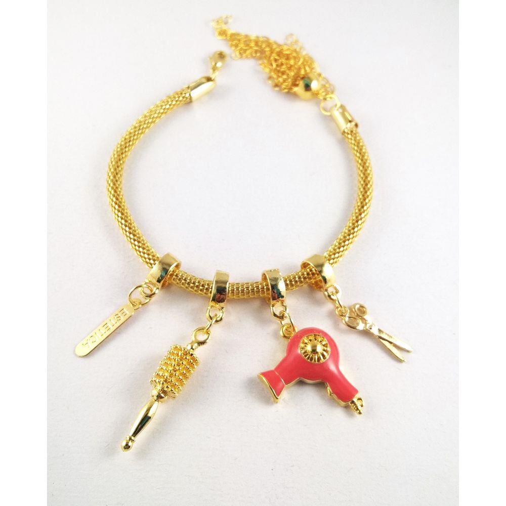 Pulseira Berloque Cabeleireira Secador Escova Folheado 18k