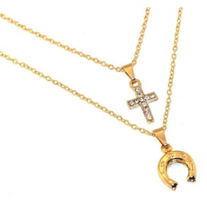 Colar Country Duplo Crucifixo Ferradura Folheado Ouro 18k