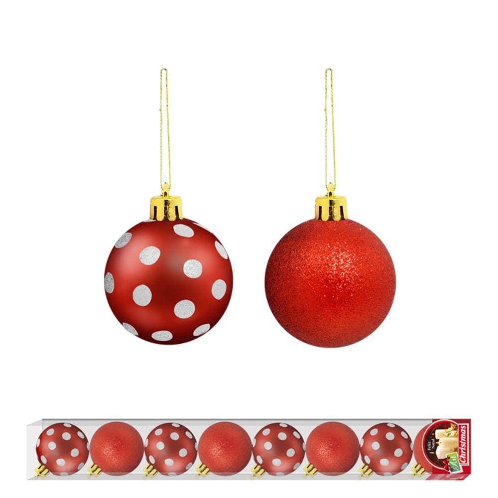 Enfeite De Natal Bola Poa Vermelha Brilhante 8 Unidades