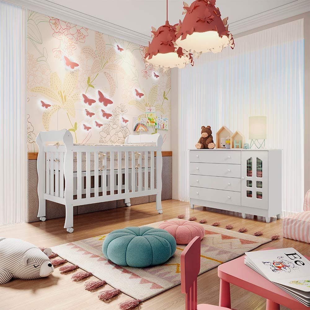 Conjunto Infantil Cômoda 4 Gavetas com Porta Grande Selena e Berço 3 em 1 Americano Lila