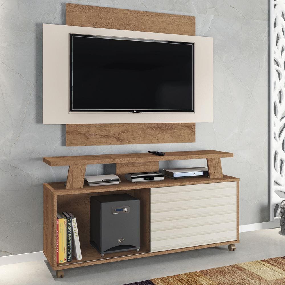 Rack Com Painel Para Tv Até 50 Polegadas Rivera 1 Porta Canelato Rústico/3d Marrom Off White