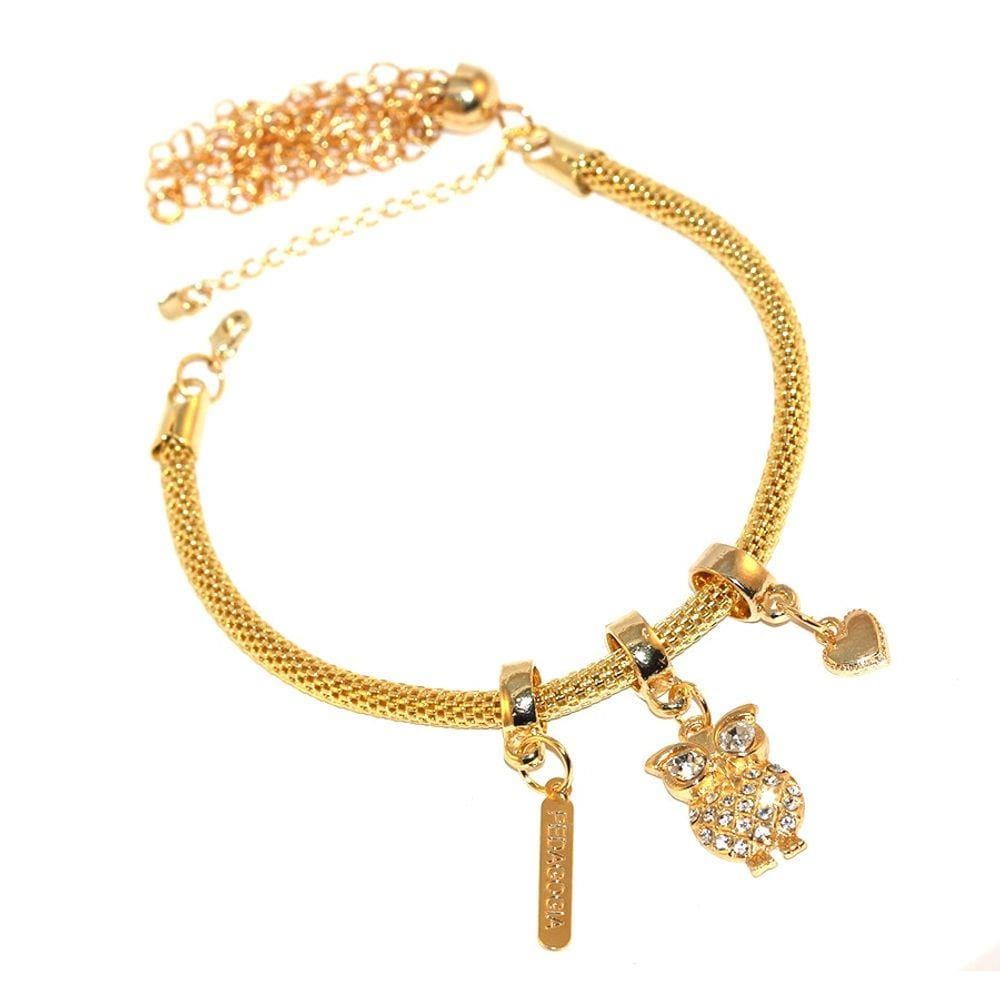 Pulseira Berloque Pedagogia Coruja Coração Folheado 18k