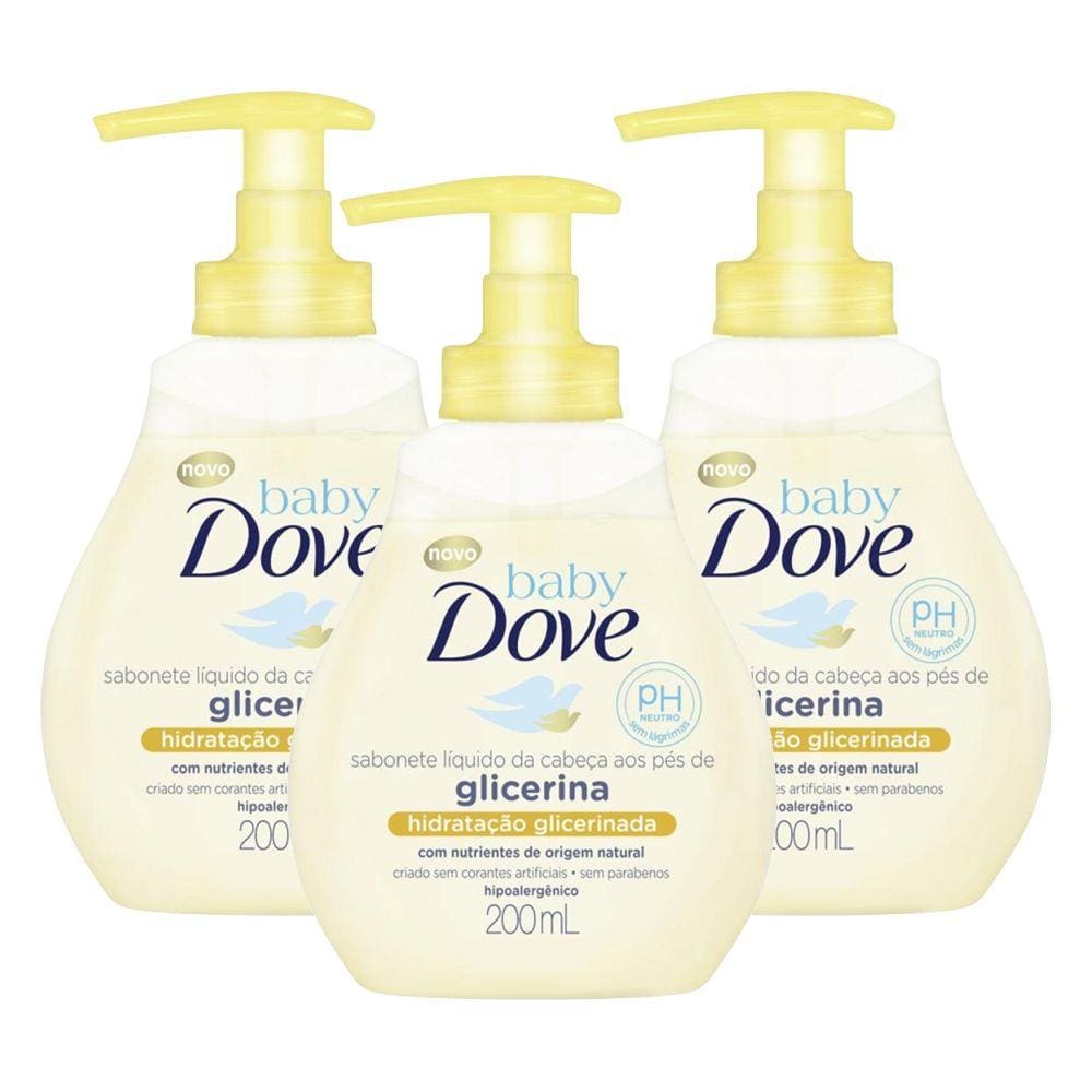 Kit 3 Sabonetes Líquido Baby Dove Hidratação Glicerinada da Cabeça aos Pés 200ml