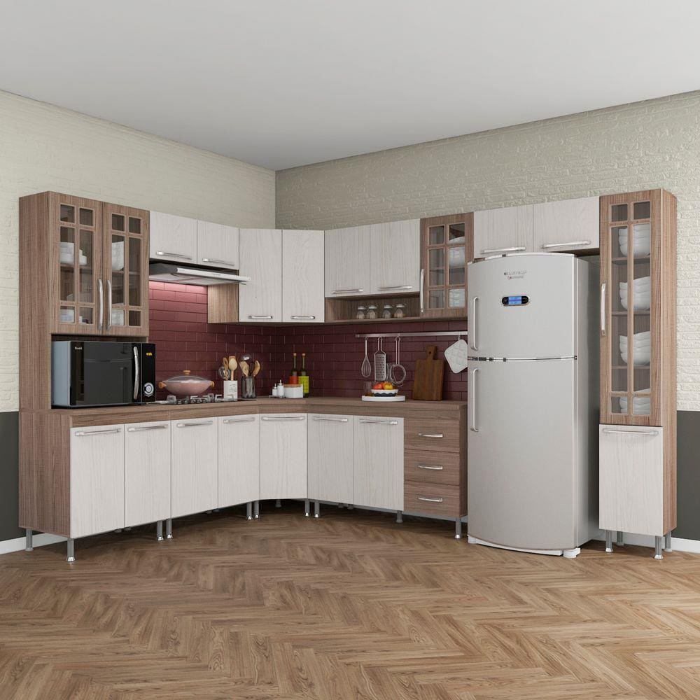 Cozinha completa sophie viena modulada 6 peças 295 cm 15 portas 3 gavetas  com tampo branco