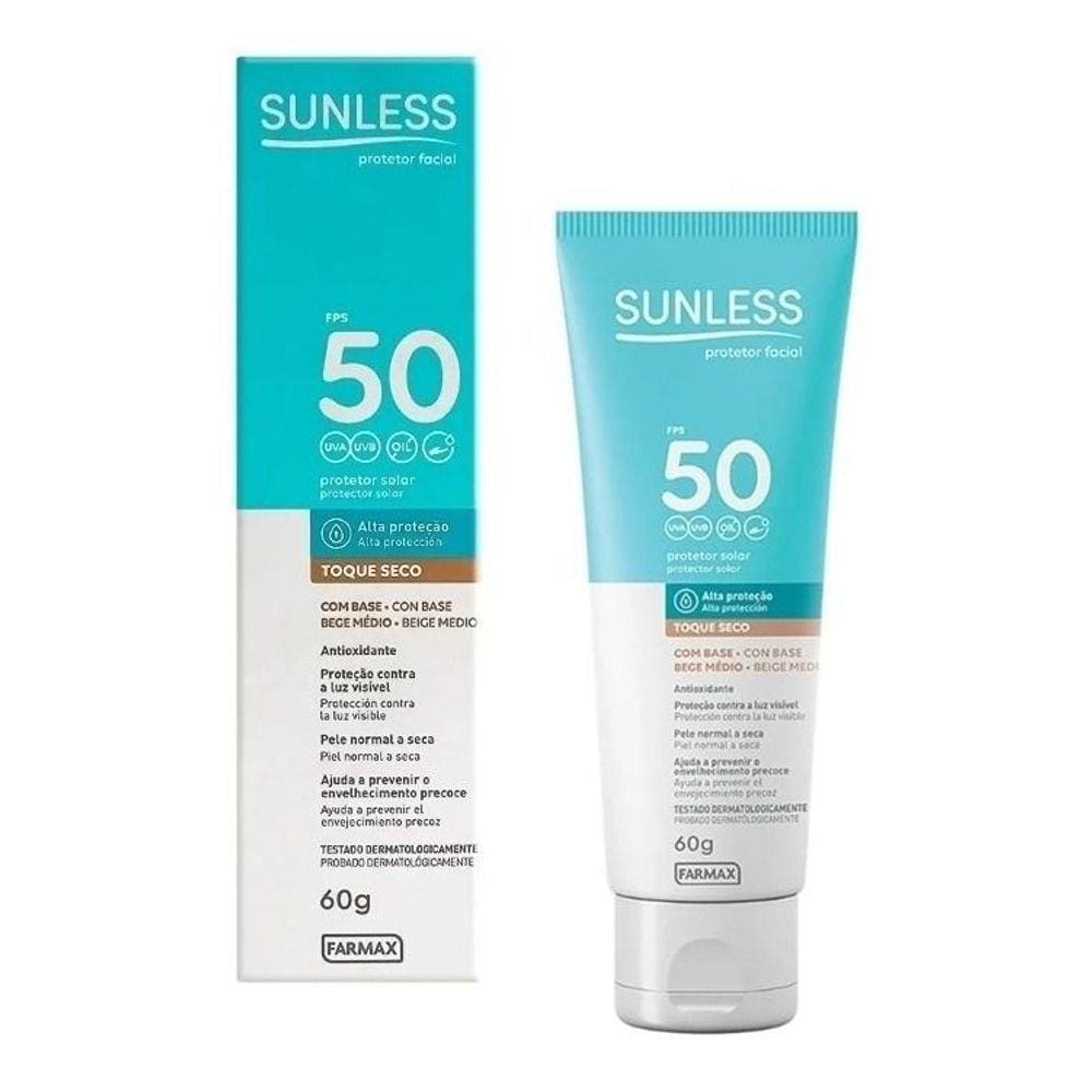 PROTETOR SOLAR FACIAL SUNLESS - COR: BEGE MÉDIO - TOQUE SECO FPS 50 - 60g - FARMAX
