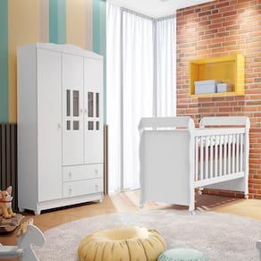 Conjunto Infantil Guarda Roupa 3 Portas Ariel, Berço Mini Cama Mirelle Branco Brilho Carolina Baby