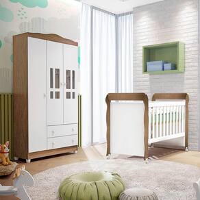 Conjunto Infantil Guarda Roupa 3 Portas Ariel, Berço Mini Cama Mirelle Br Fosco Amadeirado Carolina Baby