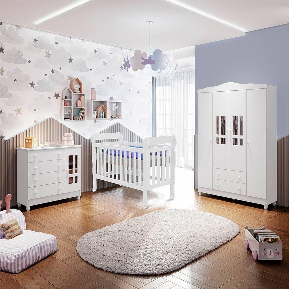 Quarto Infantil Completo Guarda Roupa 4 Portas, Cômoda 4 Gavetas com Porta Ariel, Berço 3 em 1 Lila Br Brilho Carolina Baby