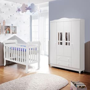 Conjunto Infantil Guarda Roupa 4 Portas Ariel, Berço Mini Cama Lila Branco Brilho Carolina Baby
