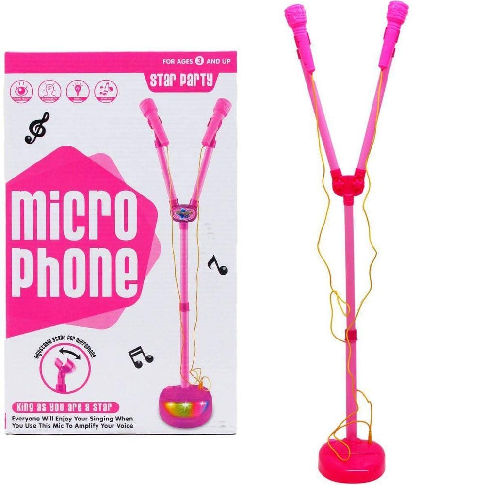 Brinquedo Microfone Pedestal Ajustável Duplo Karaokê Luz