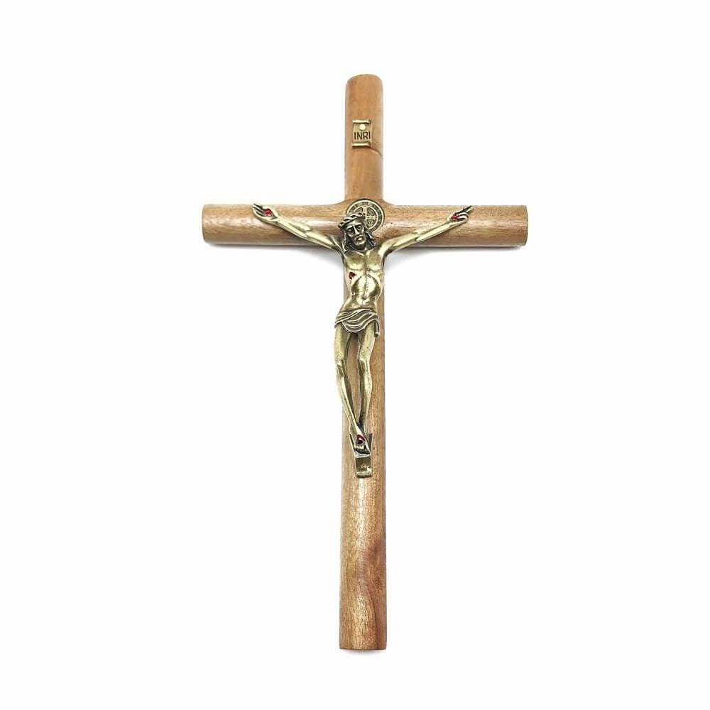 Crucifixo Parede Cilíndrico Cristo Metal São Bento Dourado 26 cm