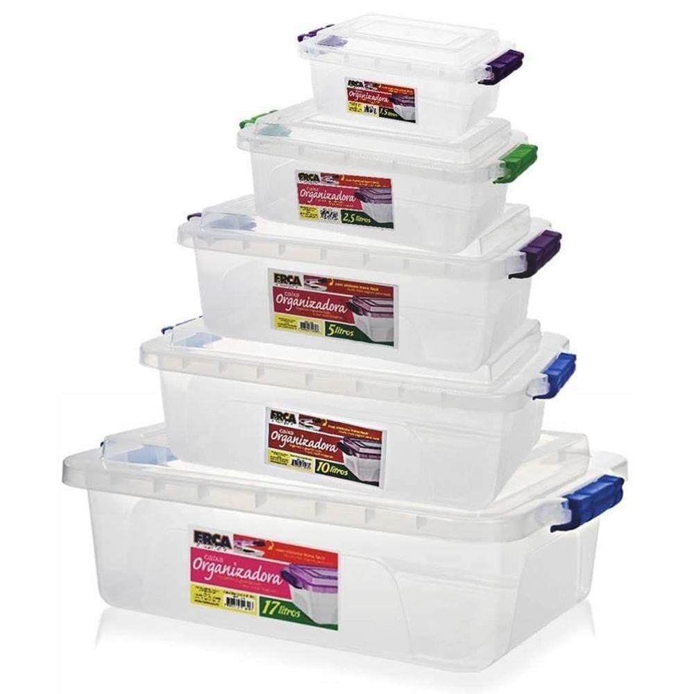 Kit 04 Caixas Organizadoras Com Travas De 1,5/2,5/5/10 L