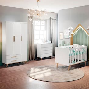 Quarto Infantil Completo Retrô Guarda Roupa 3 Portas, Cômoda 4 Gavetas, Berço Mini Cama Ludmila Bétula