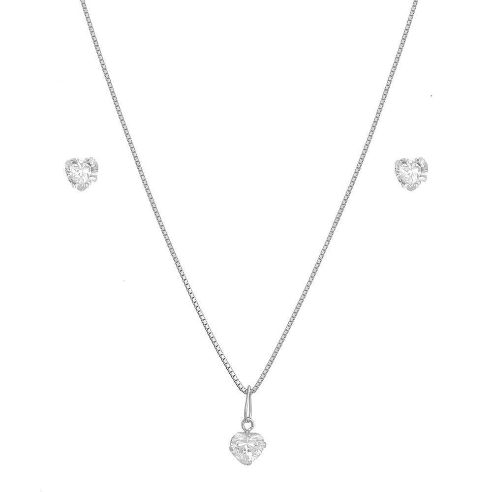 Conjunto Corrente Gargantilha Colar Feminino Brinco Ponto Luz Coração De Prata 925