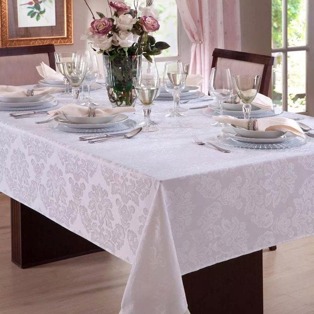 Toalha Mesa Jacquard Retangular 4 Lugares . Cor Branco