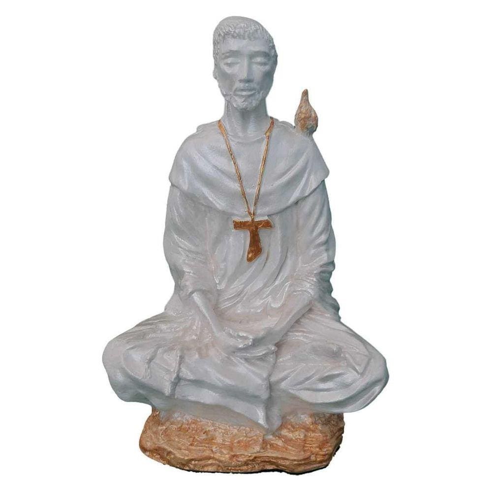 São Francisco Meditando Branco Metalizado Imagem Gesso 20 Cm